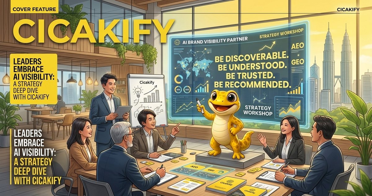 Cicakify gecko mascot presenting the four pillars of AI search visibility (Be Discoverable, Be Understood, Be Trusted, Be Recommended) to business leaders in a Kuala Lumpur office